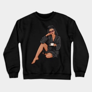 woman with cup of tea in black spa robe Crewneck Sweatshirt